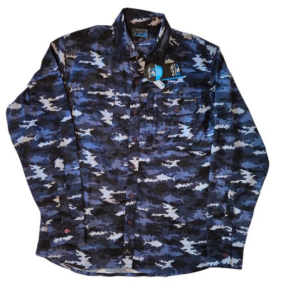 Salt Life SLX Fishing Shirt Stretch Flannel, Fish Camo Print NWT sz M Mesh Vents - Picture 2 of 13
